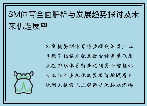 SM体育全面解析与发展趋势探讨及未来机遇展望 SM体育全面解析与发展趋势探讨及未来机遇展望
